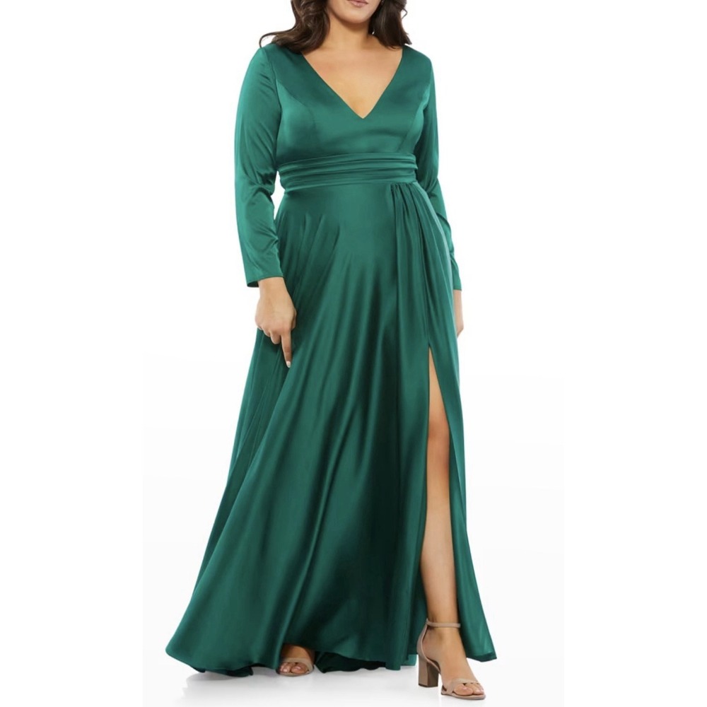 MacDuggal Long-Sleeve Pleated Satin A-Line Gown 55245 Green Size 16